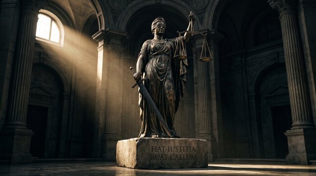Symbol of Justice Lady Justice statue holding scales and sword in grand courthouse with dramatic light beams