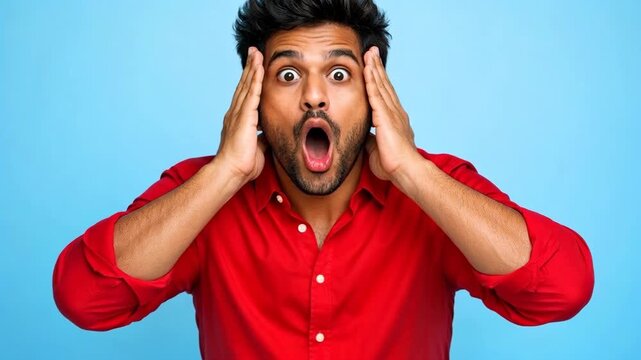 Surprised man with shocked expression and open mouth on blue background
