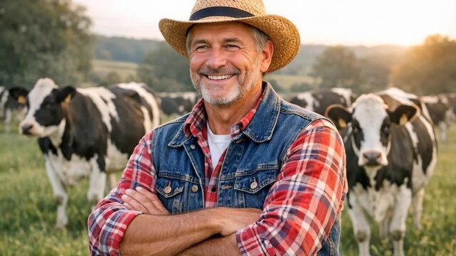 Smiling Farmer in a Straw Hat and Denim Vest in a Field with Dairy Cows