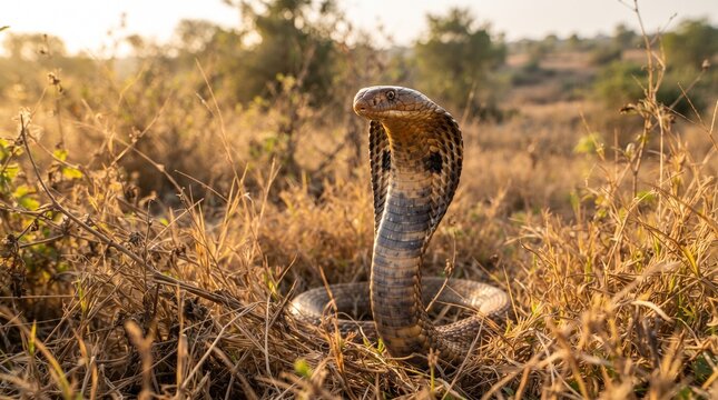 Indian cobra wildlife photography. Spectacled cobra snake raised in defensive posture with flared hood. Venomous reptile in natural grassland habitat during golden hour sunlight