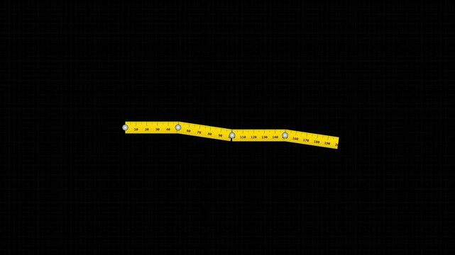 Yellow folding carpenter ruler forming a downward zig-zag path on dark technical grid background