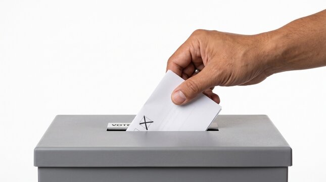 Close up of a hand casting a vote into a ballot box during an election, symbolizing democratic participation and civic duty