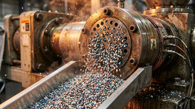Industrial plastic extrusion machine processing colorful recycled pellets inside a professional manufacturing facility with steam ventilation