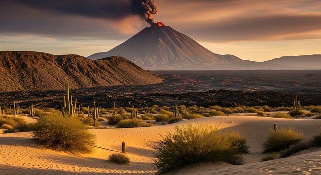 Erupting volcano spewing ash cloud over desert landscape with cacti at sunset eruption mountain landscape wilderness