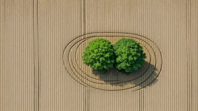 Top View of Two Green Trees in a Tilled Field with Concentric Outlines