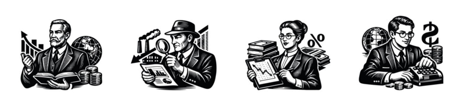 Vintage style business and finance illustrations with professionals and money elements