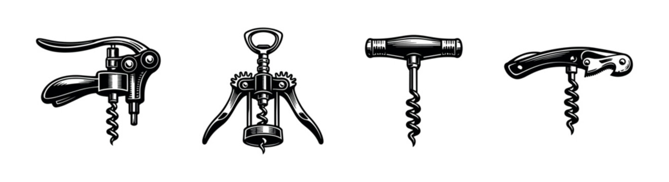 Elegant vintage corkscrew set illustration in black and white silhouette style