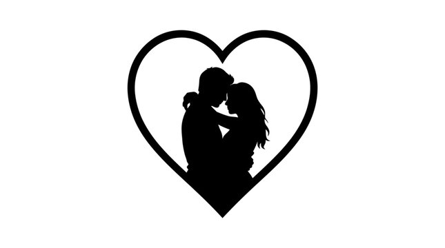 Couple embracing within a heart shaped silhouette on a white background