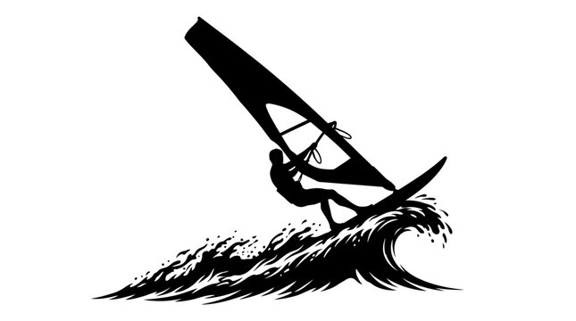Windsurfer silhouette with wave spray on a transparent background