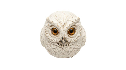 A detailed ceramic owl figurine with amber eyes isolated against a clean white background