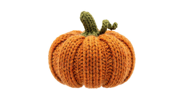 Handmade knitted orange pumpkin decoration isolated on a clean white background for autumn