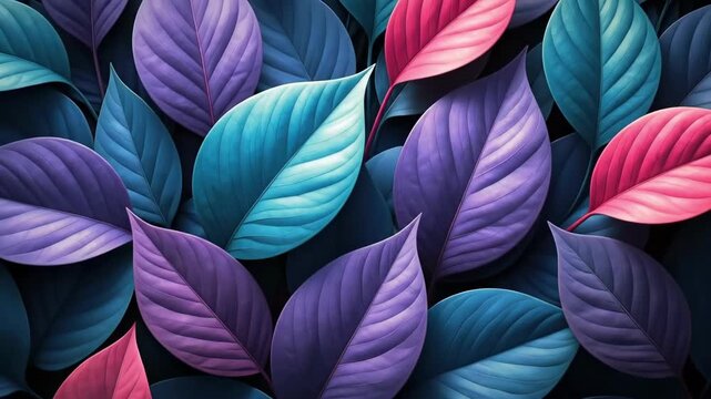 Vibrant red and blue leaves with intricate patterns and detailed texture