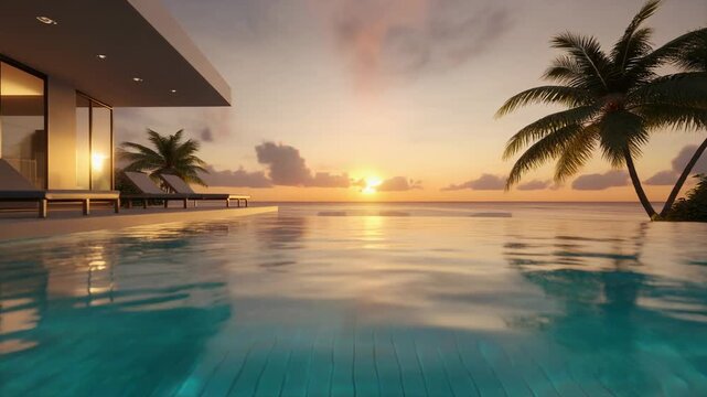Luxury Infinity Pool at Tropical Sunset 4K Generative AI