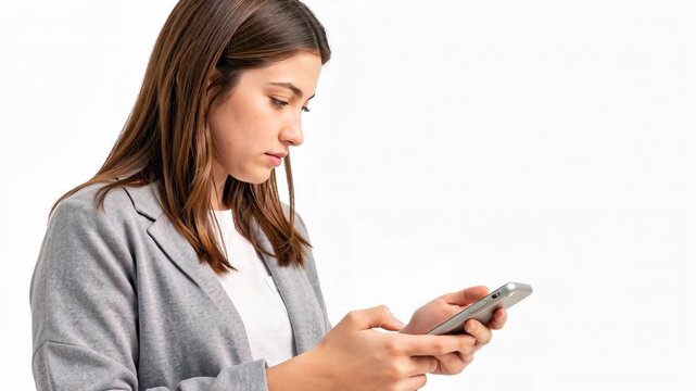 Young Professional Woman in a Gray Blazer Using a Smartphone