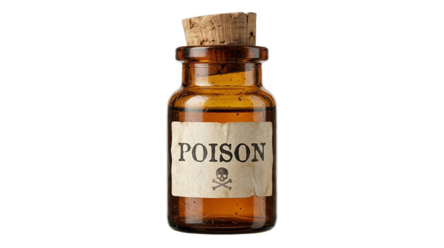 Vintage amber glass bottle with a cork stopper and a classic poison label on white background