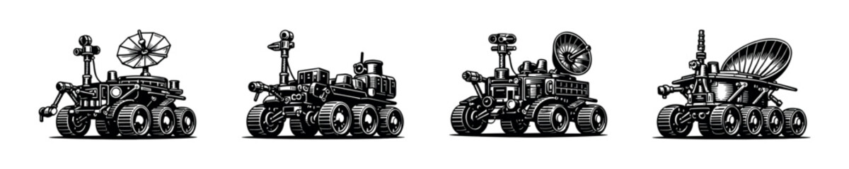 Futuristic space rover illustrations in black and white vector style set of four © UnIcons
