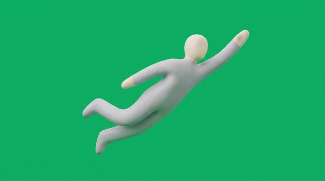 Abstract human figure flying upward isolated on a solid green background