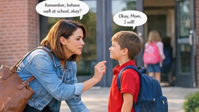 Mother giving advice to her son before school