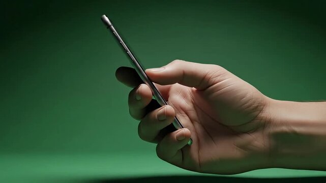 Smartphone held in a hand against a solid green background while browsing mobile applications.