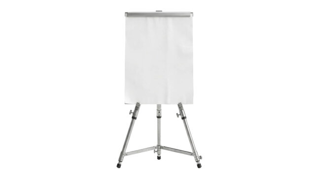Blank white flip chart on a metal tripod stand isolated against a clean studio background