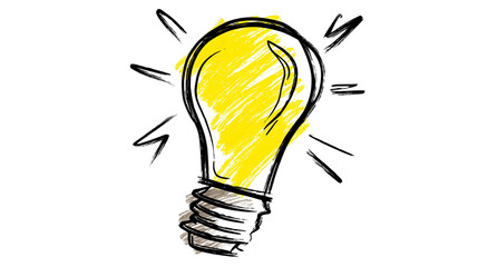 Isolated hand-drawn light bulb illustration glowing brightly, representing idea, energy, and innovation. © Ioana