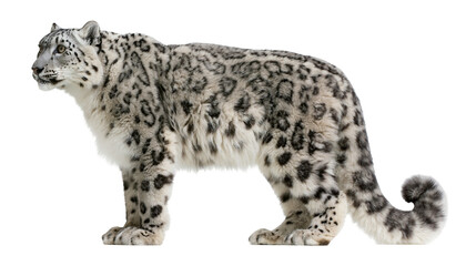 Isolated snow leopard standing sideways, magnificent wild cat with spotted fur and thick tail © Ioana