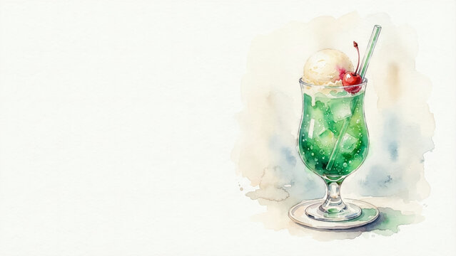 Watercolor painting illustration of a vibrant melon cream soda float with vanilla ice cream and a cherry in a glass on a saucer, isolated on a white background with copy space.