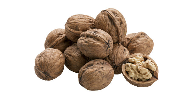 Isolated group of whole and cracked walnuts showcasing healthy and delicious edible nutmeat