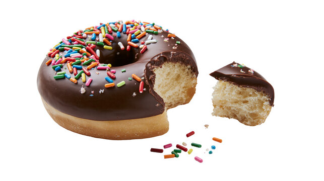 Isolated delicious chocolate frosted donut with colorful sprinkles and a missing bite