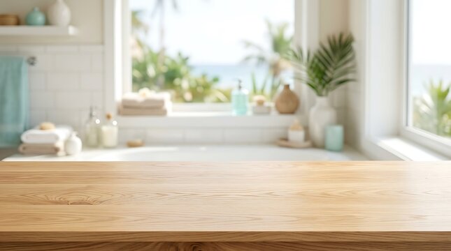 Empty wooden table top mockup with blurred spa bathroom interior background featuring tropical ocean beach window view