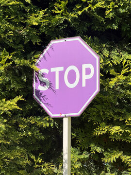 purple stop sign against green bushes, sunny day, concept of safety, traffic, warning, banner