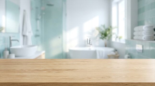 Empty wooden table top on blurred modern bathroom background for product display in a bright and airy home spa setting.