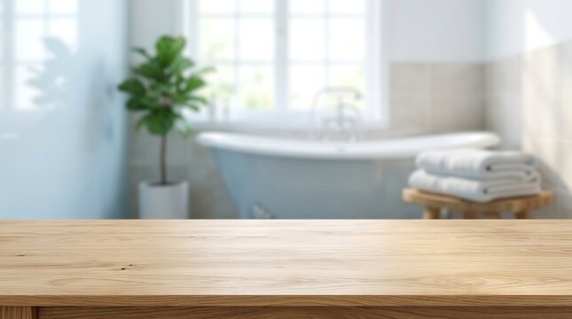Wooden Table Top Surface for Product Placement Mockup over Blurred Modern Bathroom Interior with Bathtub and Plants