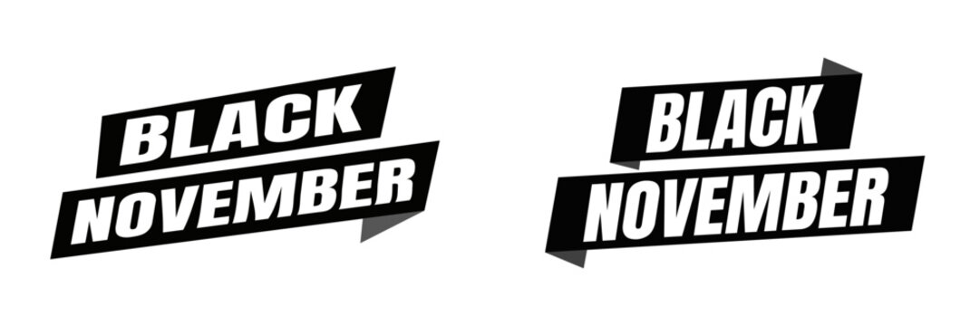 Black november sale ribbon banner bundle, month promotion discount label collection, retail shopping offer typography pack, social media post template set.