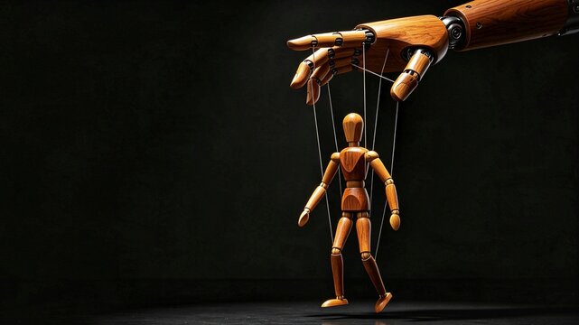 Giant Mechanical Hand Controlling Marionette &mdash; Manipulation, External Control, Power and Loss of Autonomy Concept
