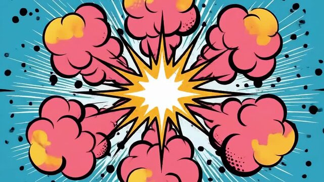 Colorful comic style explosion with bursting energy on blue background