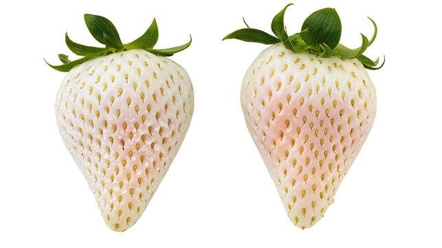Isolated two natural white strawberries, sweet fruit with green leaves and a slight pink hue.