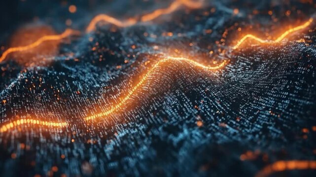 Abstract digital landscape with glowing data points and dynamic waveforms