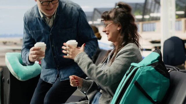 Cheerful senior couple enjoys coffee in an airport terminal lounge with luggage before departure, chatting together and highlighting adventurous spirit and travel lifestyle in later life.