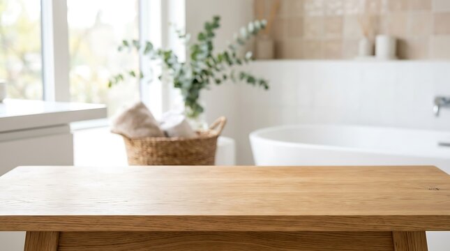 Empty Wooden Table with Blurred Spa Bathroom Background for Product Showcase Mockup and Interior Design Presentation.