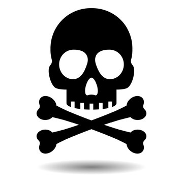 black skull and crossed bone icon with shadow on white.