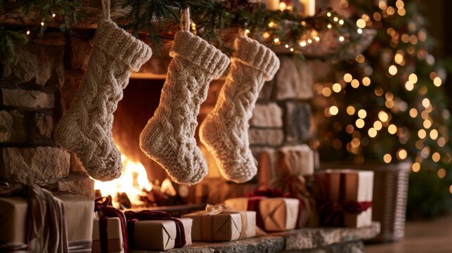 Christmas stockings by a fireplace at Christmas