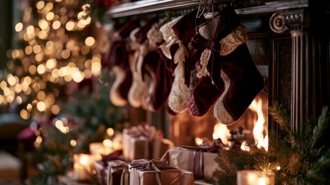 Christmas stockings by a fireplace at Christmas