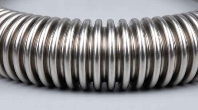 Close up of a flexible stainless steel vacuum bellows hose isolated on a neutral grey background