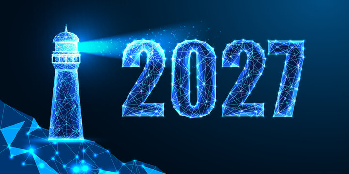 2027 Vision and New Year Future Concept with Glowing Lighthouse Guiding Toward Success Vector 