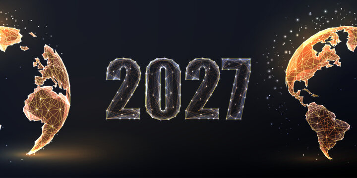 2027 New Year Global Celebration with Earth Globe and Golden Typography on Dark Background Vector
