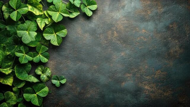 Lush clover leaves on rustic dark textured background. Saint Patrick's Day, St Paddy's Day, St Patty's Day - Irish National Holiday and Cultural Celebration