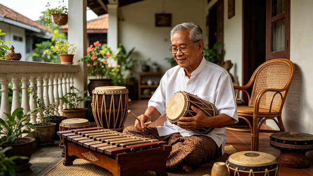 Elderly Asian Man Playing Traditional Percussion Instruments, Cultural Music Hobby