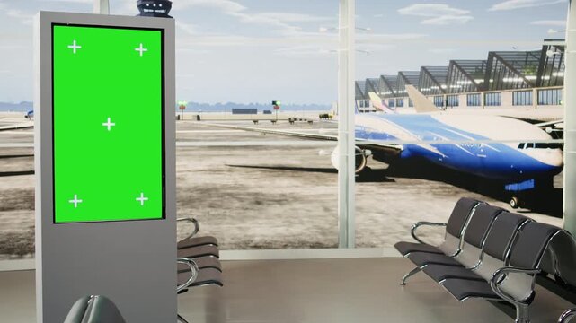 Green screen departure board in an empty airport terminal overlooks the runway and boarding gates while the lounge waiting area remains free of passengers.