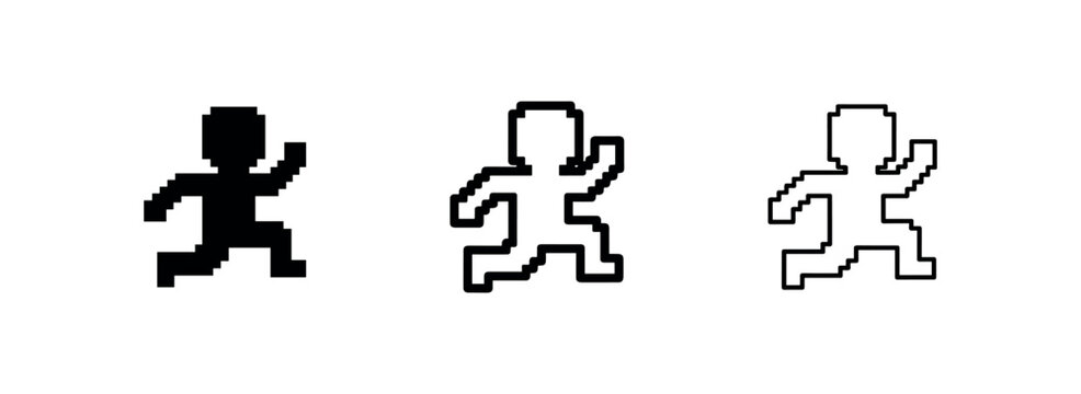 Pixelated running person icon set for retro games and digital movement.